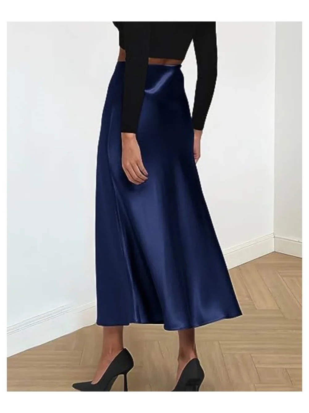Flowy Satin A-Line Midi Skirt High Waist Elastic Ruffle Hem